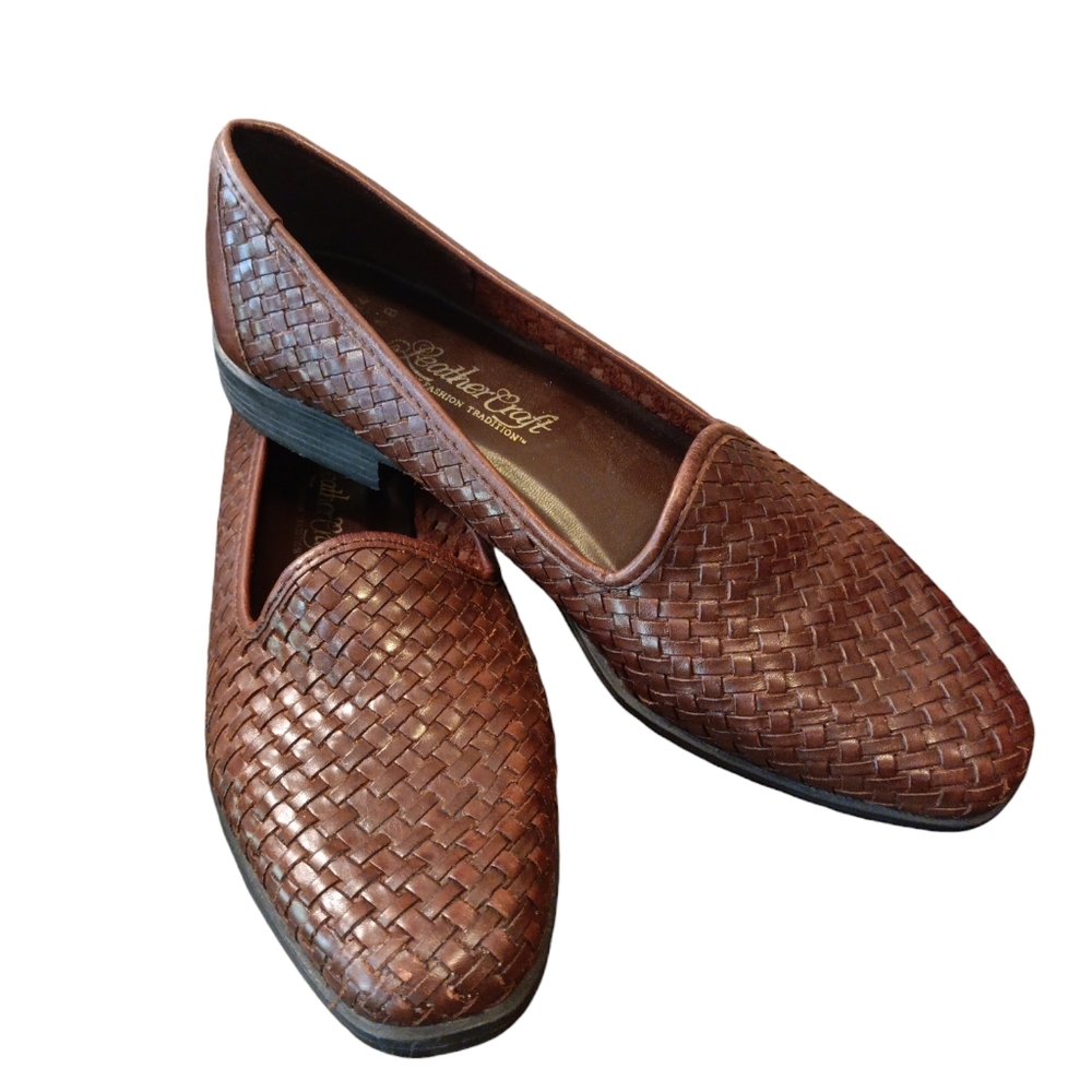 Leather Craft Sandra B braided woven leather brown loafers mint condition sz 8.5 - Picture 2 of 8